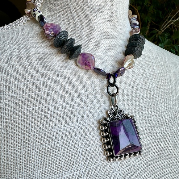 Purple Agate pendant sterling silver necklace African trade brass beads abalone - Picture 4 of 10